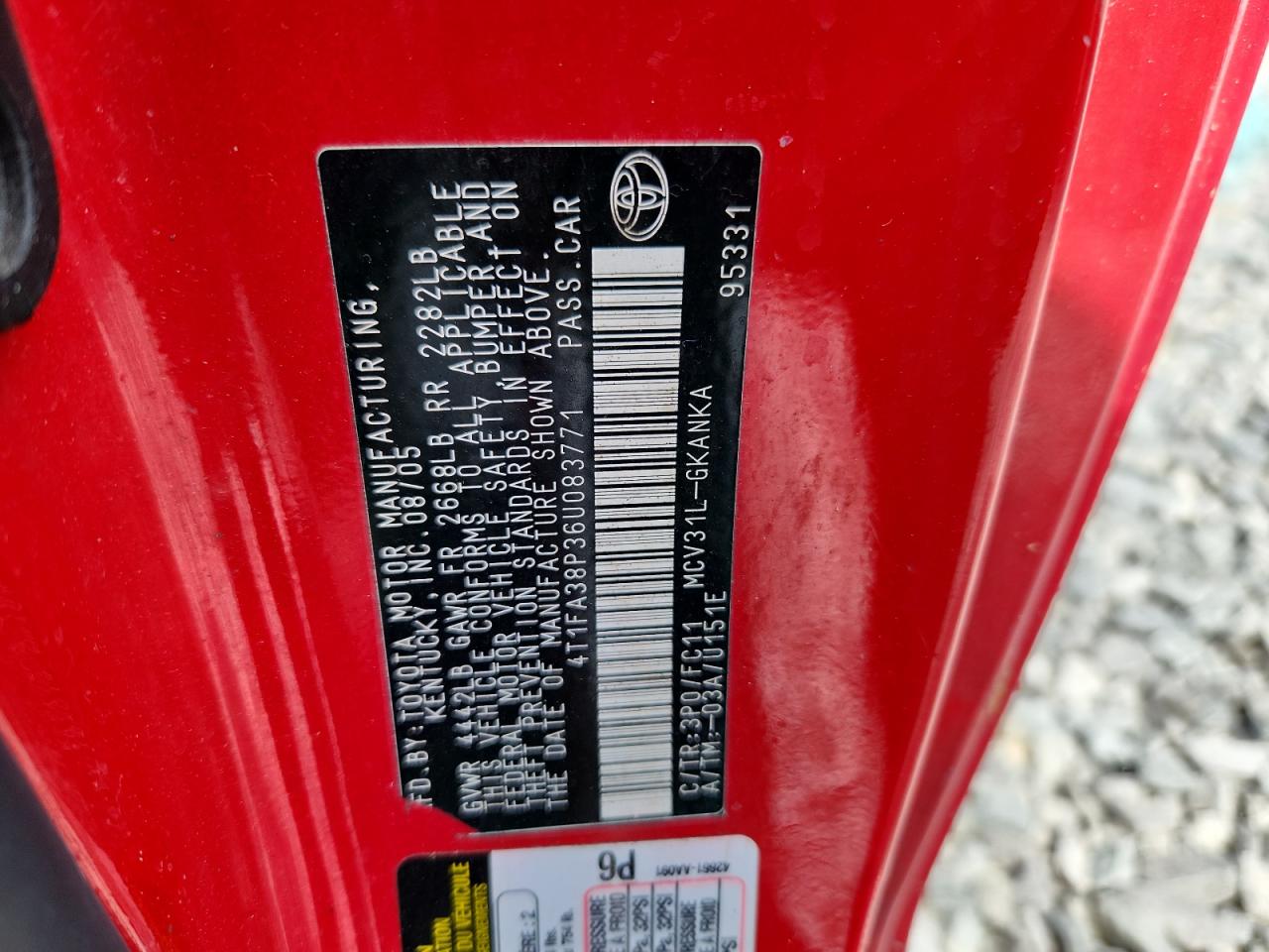 2006 Toyota Camry Solara Se VIN: 4T1FA38P36U083771 Lot: 63324375