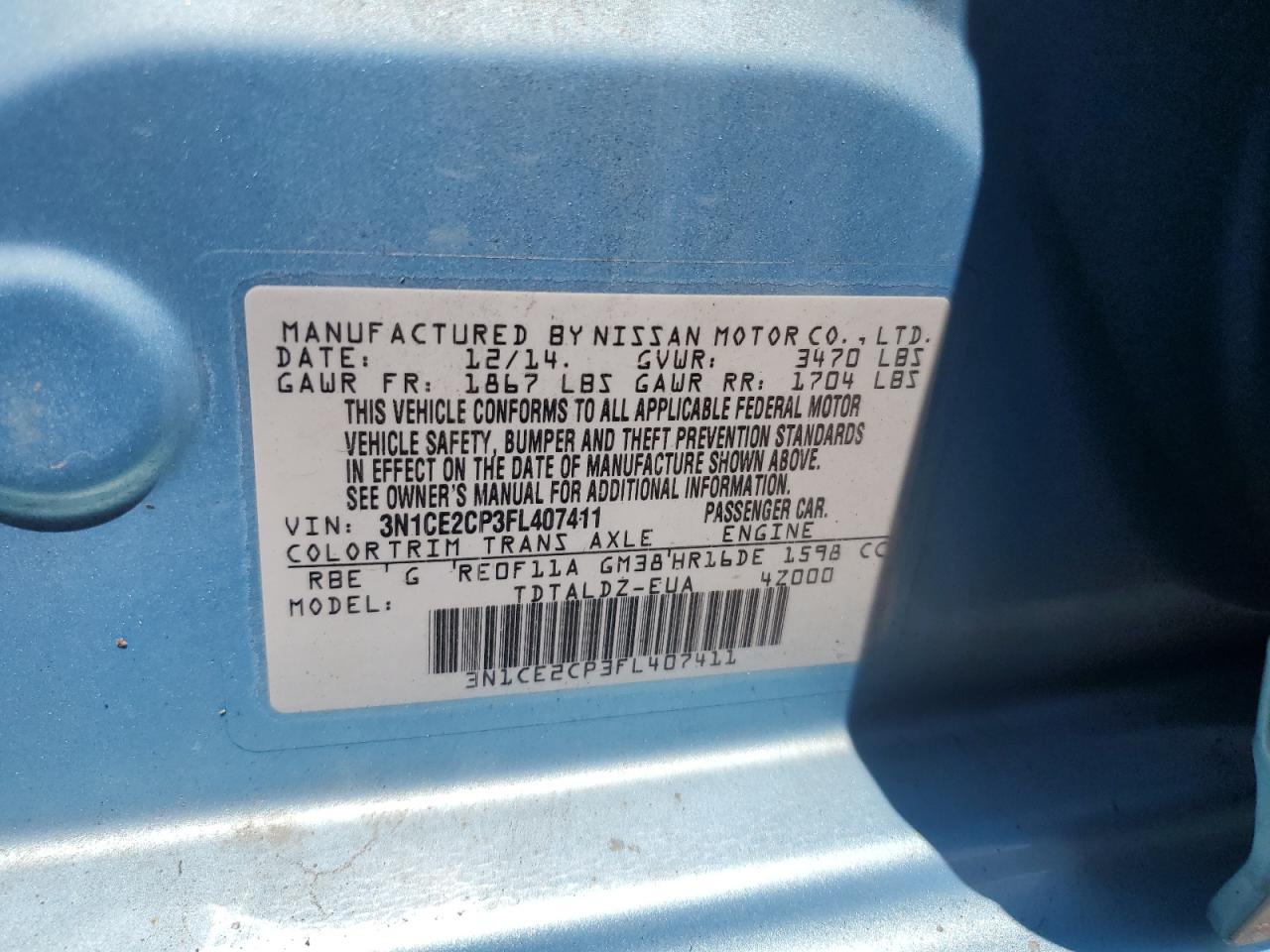 2015 Nissan Versa Note S VIN: 3N1CE2CP3FL407411 Lot: 65978765