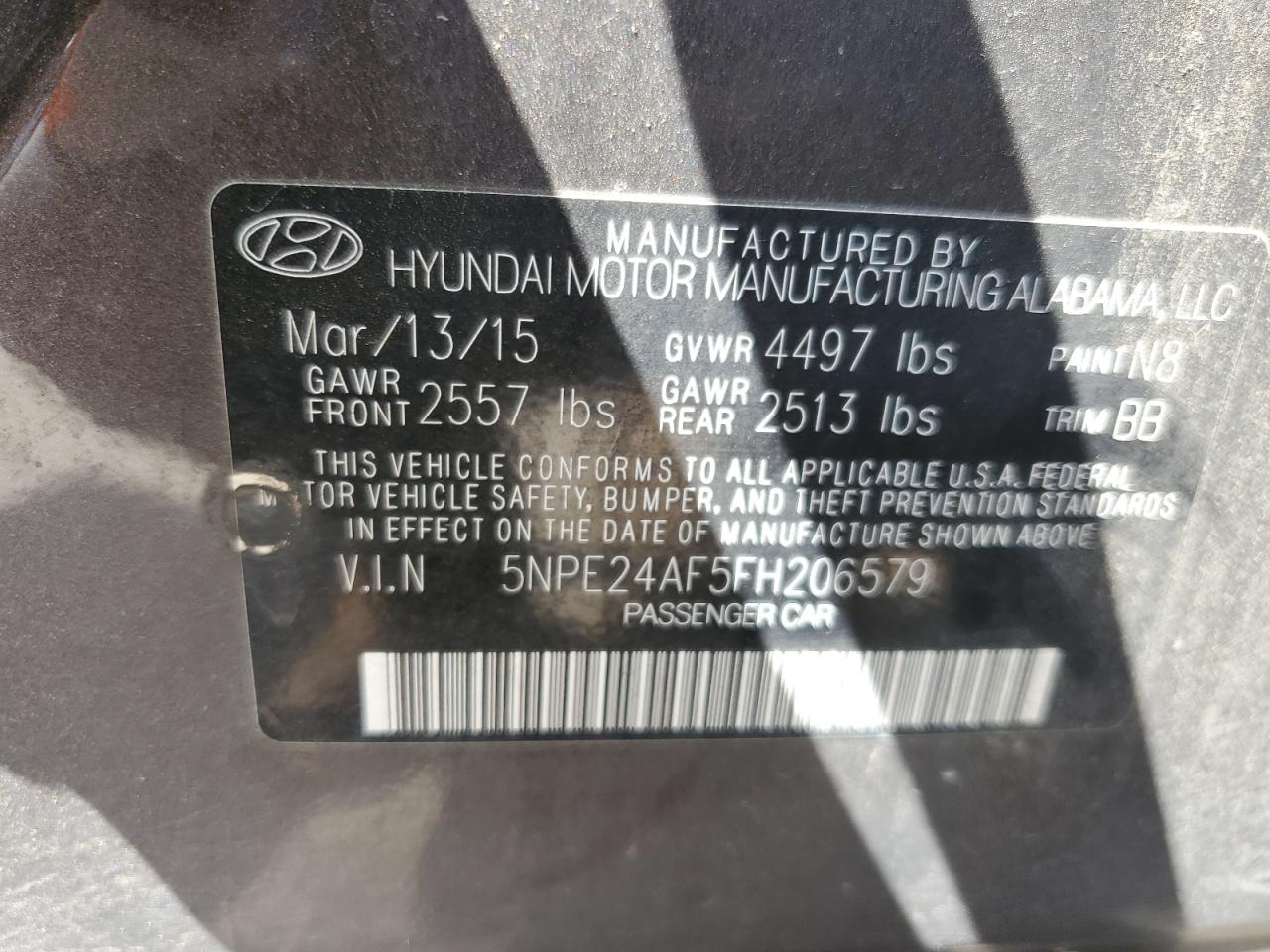 2015 Hyundai Sonata Se VIN: 5NPE24AF5FH206579 Lot: 65012635