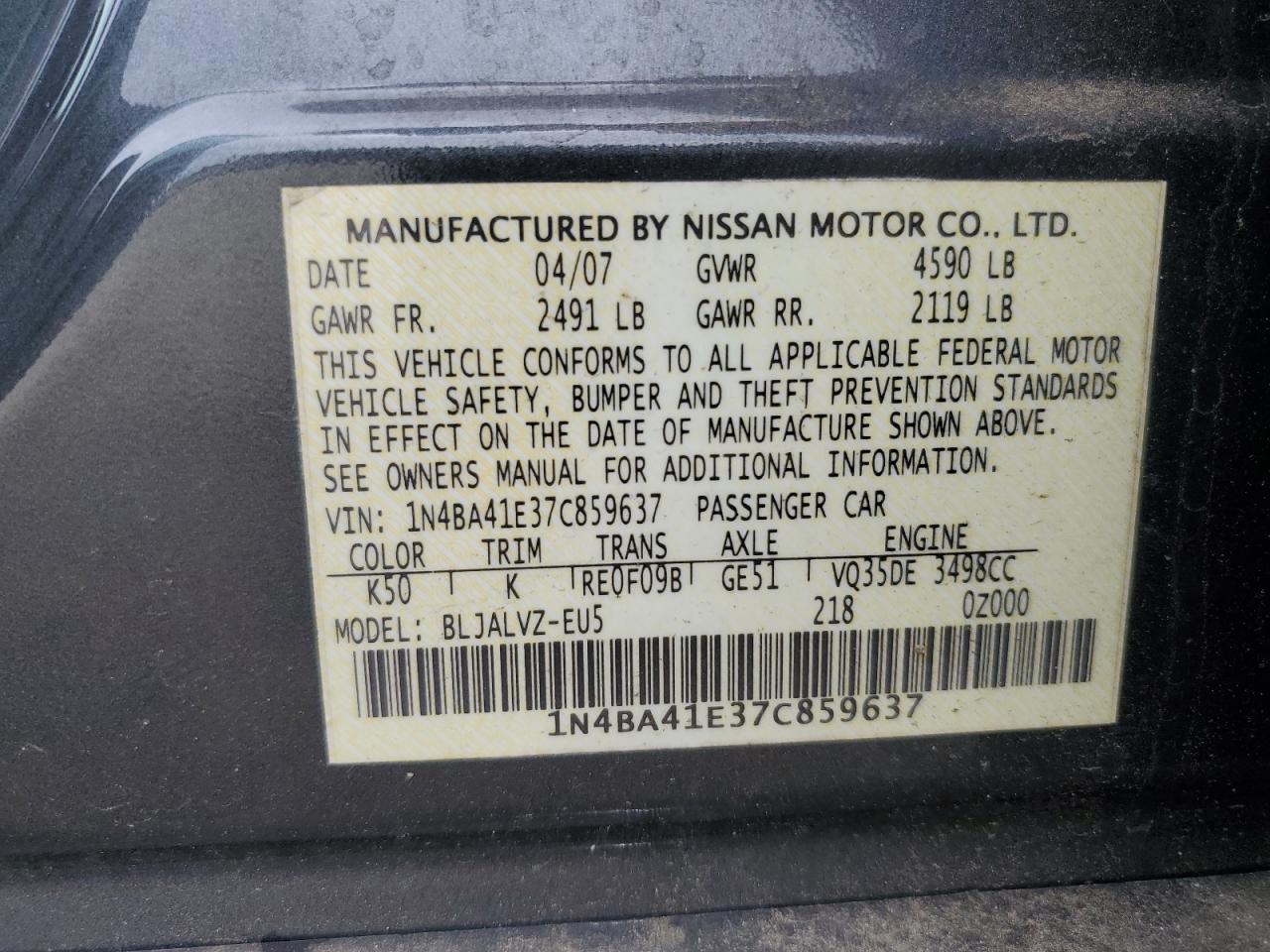 2007 Nissan Maxima Se VIN: 1N4BA41E37C859637 Lot: 62804085