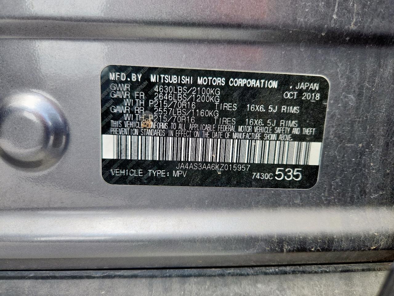 2019 Mitsubishi Eclipse Cross Es VIN: JA4AS3AA6KZ015957 Lot: 63071015