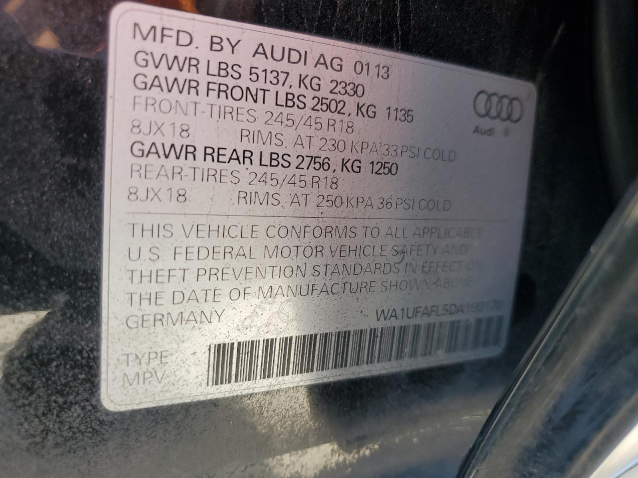 2013 Audi A4 Allroad Premium Plus VIN: WA1UFAFL5DA190170 Lot: 64663595