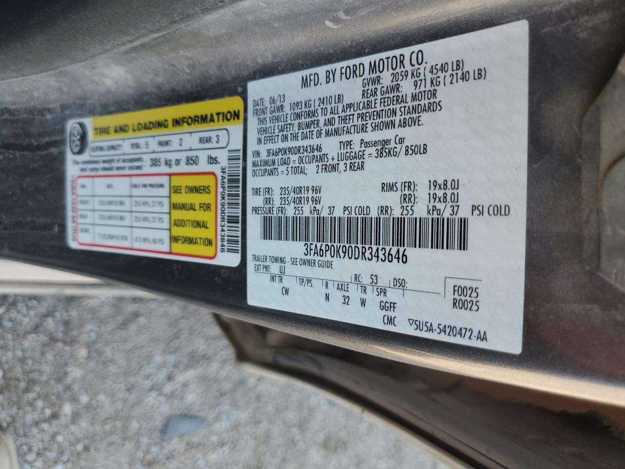 2013 Ford Fusion Titanium VIN: 3FA6P0K90DR343646 Lot: 64648655