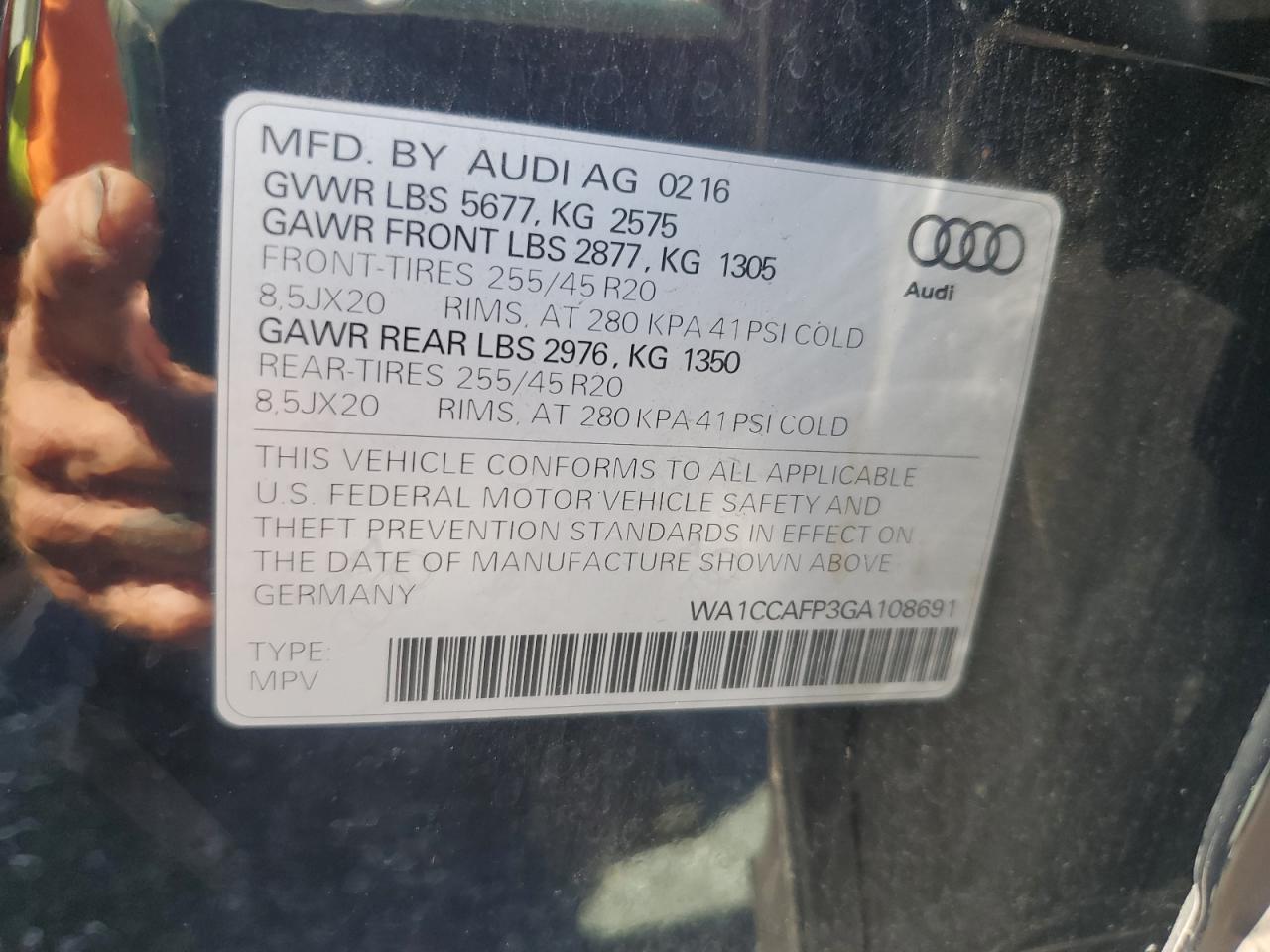 2016 Audi Sq5 Premium Plus VIN: WA1CCAFP3GA108691 Lot: 63350495