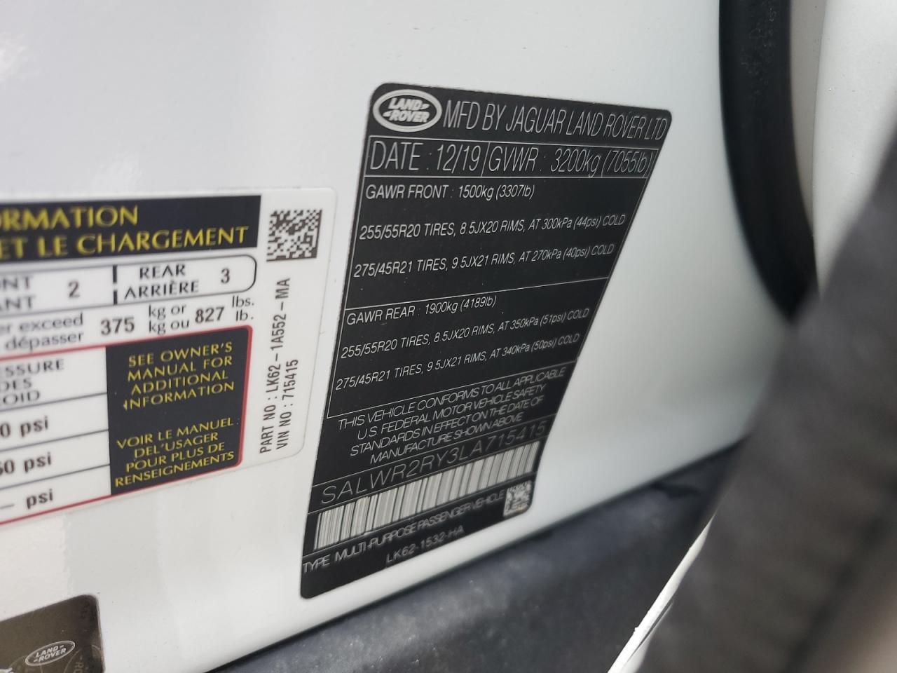 2020 Land Rover Range Rover Sport Hse VIN: SALWR2RY3LA715415 Lot: 64481045