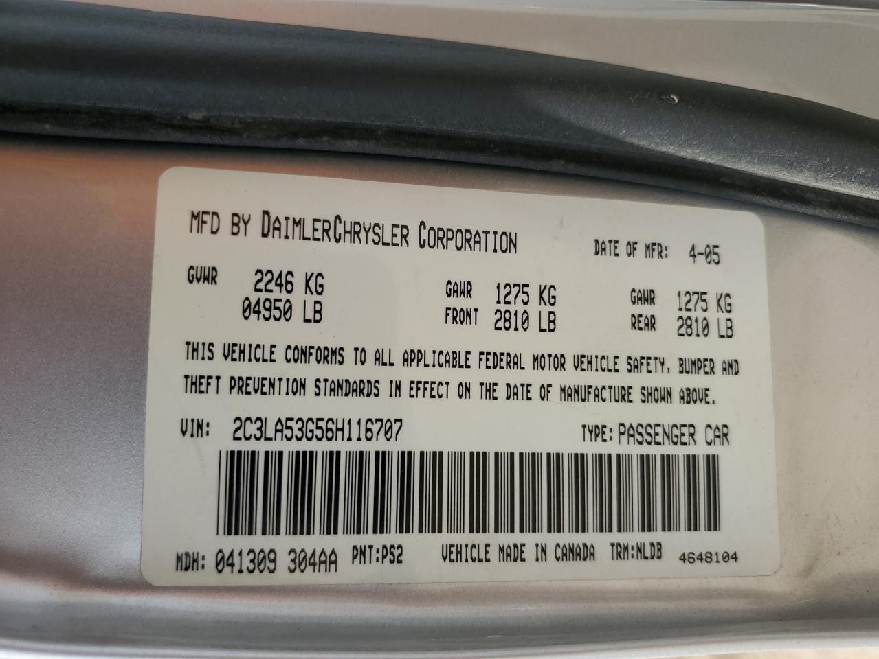 2006 Chrysler 300 Touring VIN: 2C3LA53G56H116707 Lot: 65446555