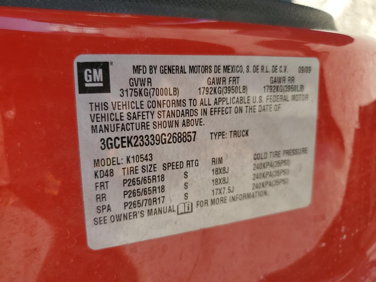 3gcek23339g268857 3GCEK23339G268857 2009 Chevrolet Silverado K1500 Lt