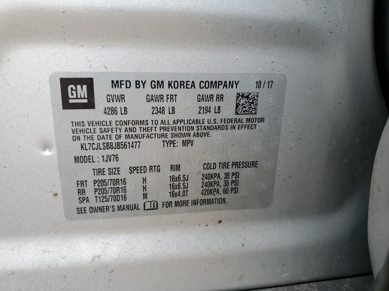 2018 Chevrolet Trax 1Lt VIN: KL7CJLSB8JB561477 Lot: 63785665