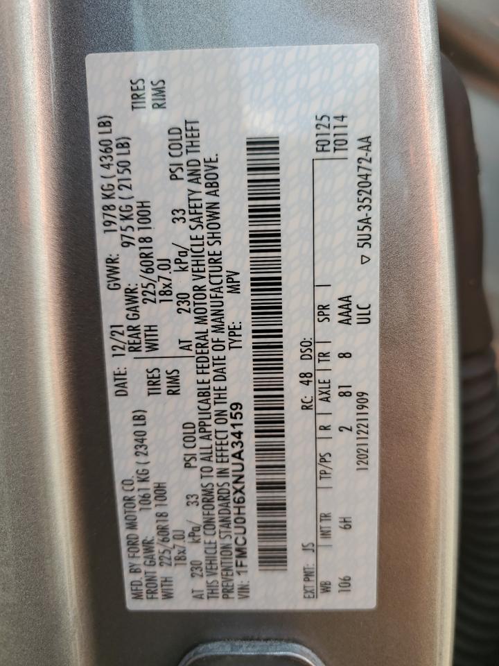 2022 Ford Escape Sel VIN: 1FMCU0H6XNUA34159 Lot: 64103195