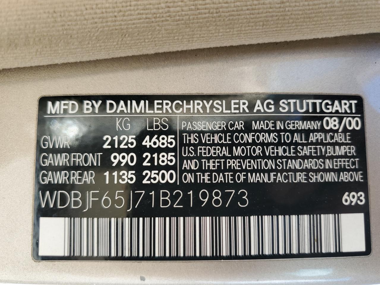 2001 Mercedes-Benz E 320 VIN: WDBJF65J71B219873 Lot: 60804075