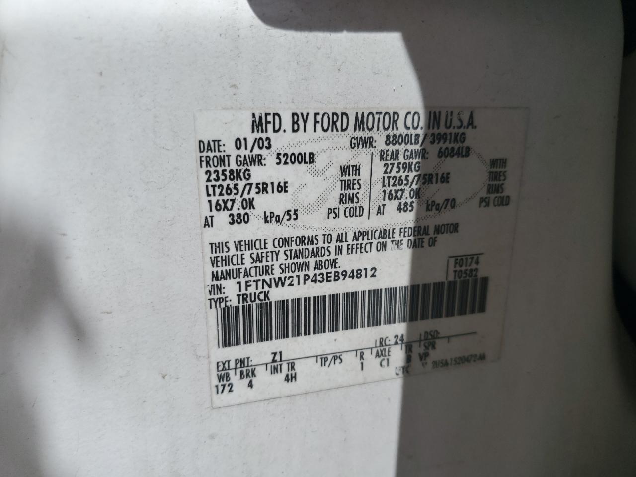 2003 Ford F250 Super Duty VIN: 1FTNW21P43EB94812 Lot: 64402025