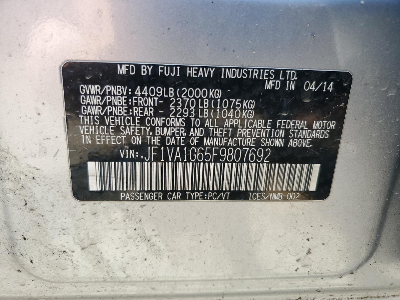 2015 Subaru Wrx Limited VIN: JF1VA1G65F9807692 Lot: 93446005