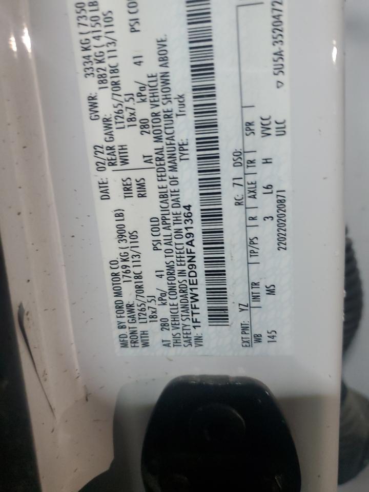 2022 Ford F150 Supercrew VIN: 1FTFW1ED9NFA91364 Lot: 65658745