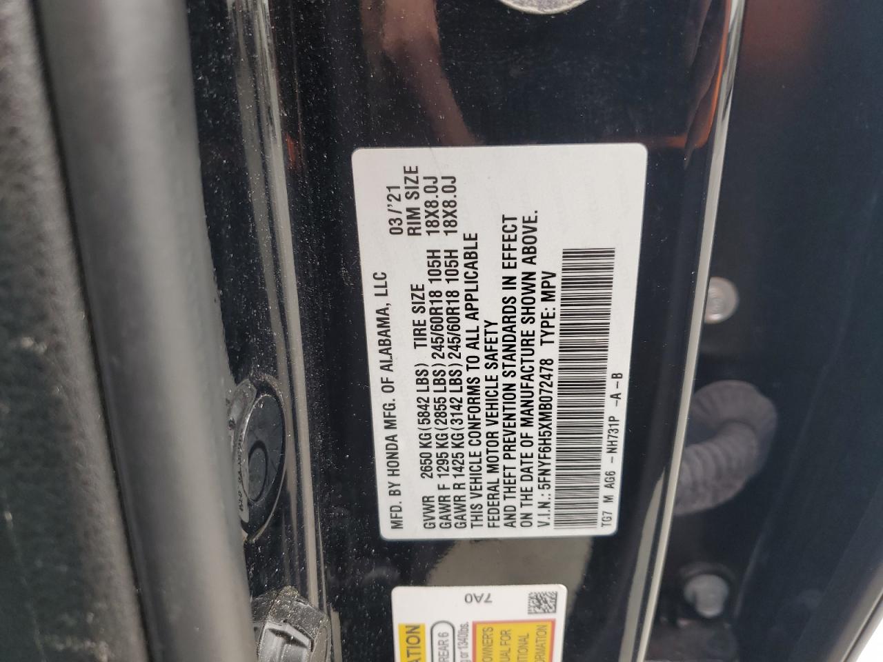2021 Honda Pilot Exl VIN: 5FNYF6H5XMB072478 Lot: 64591995