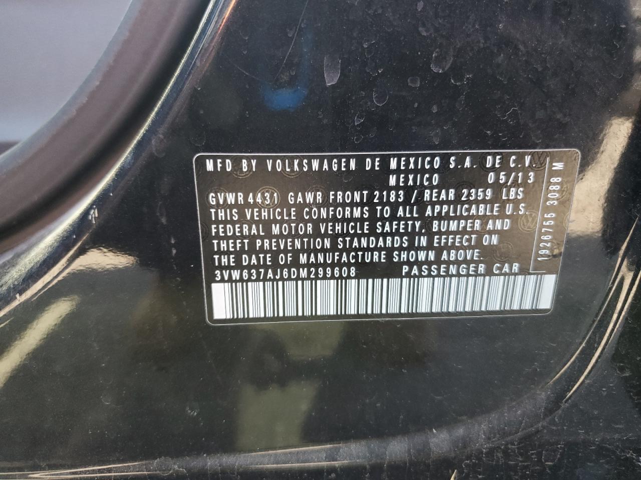 2013 Volkswagen Jetta Hybrid VIN: 3VW637AJ6DM299608 Lot: 63268985