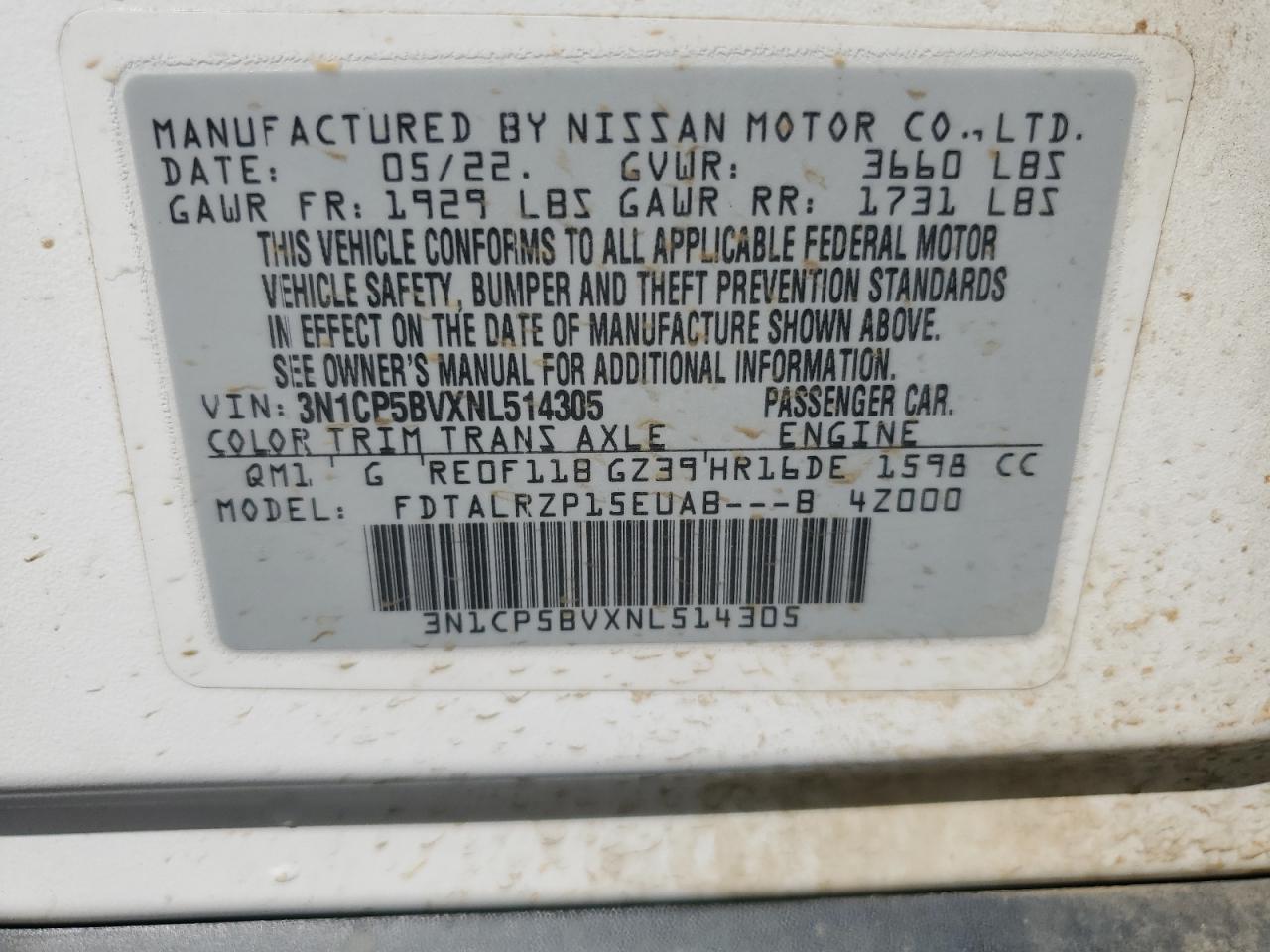 2022 Nissan Kicks S VIN: 3N1CP5BVXNL514305 Lot: 63483985