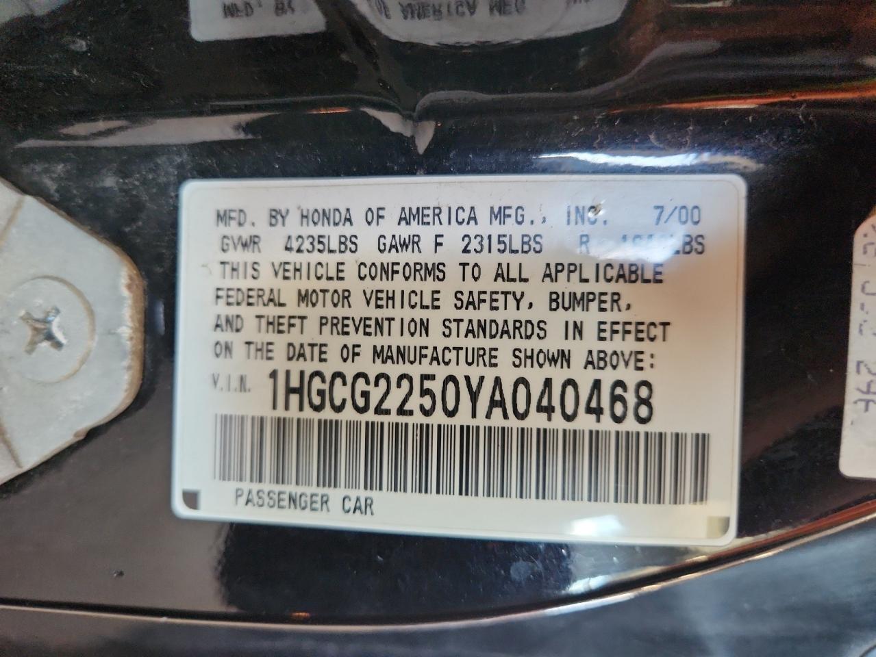 2000 Honda Accord Ex VIN: 1HGCG2250YA040468 Lot: 63400035
