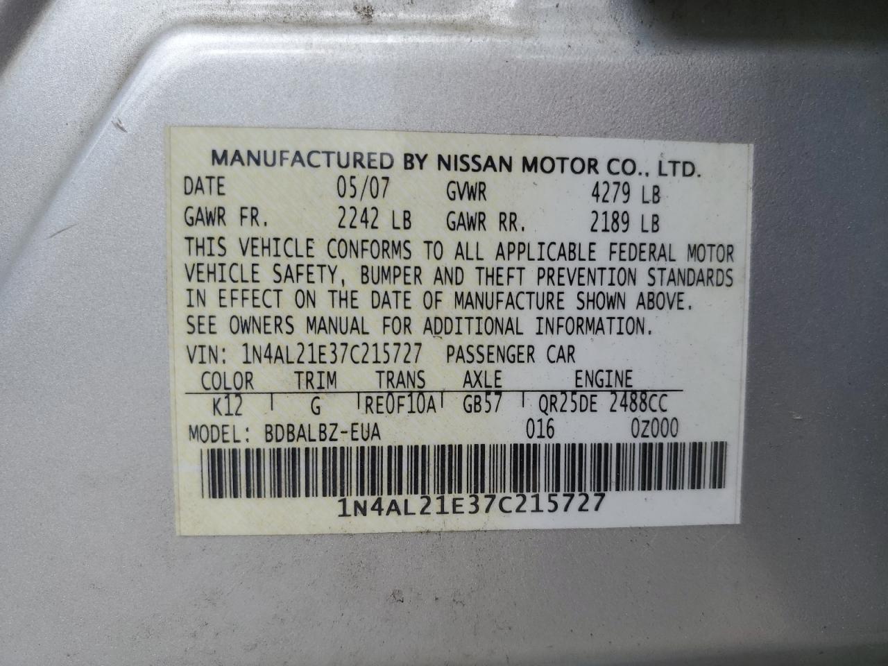 2007 Nissan Altima 2.5 VIN: 1N4AL21E37C215727 Lot: 64835285