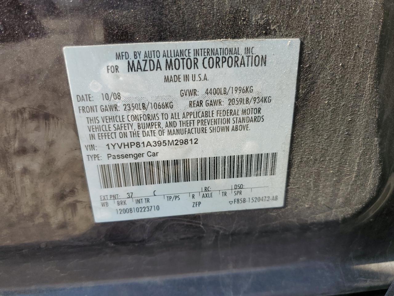 2009 Mazda 6 I VIN: 1YVHP81A395M29812 Lot: 63081105