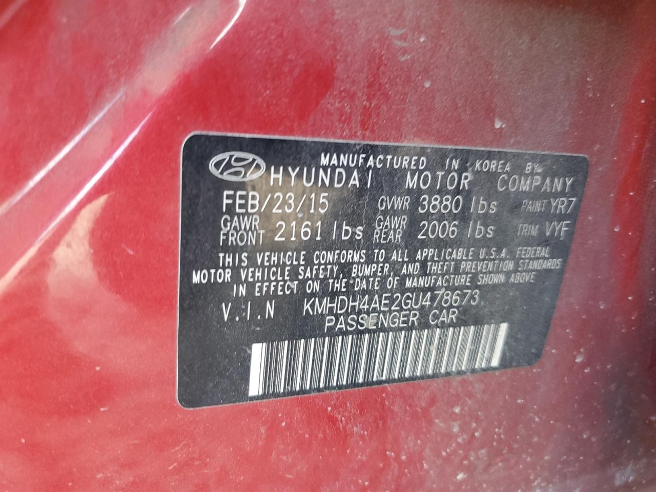 2016 Hyundai Elantra Se VIN: KMHDH4AE2GU478673 Lot: 64562205