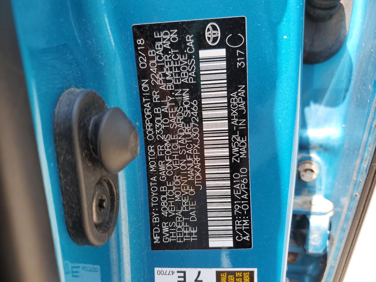 2018 Toyota Prius Prime VIN: JTDKARFPXJ3072466 Lot: 64090065