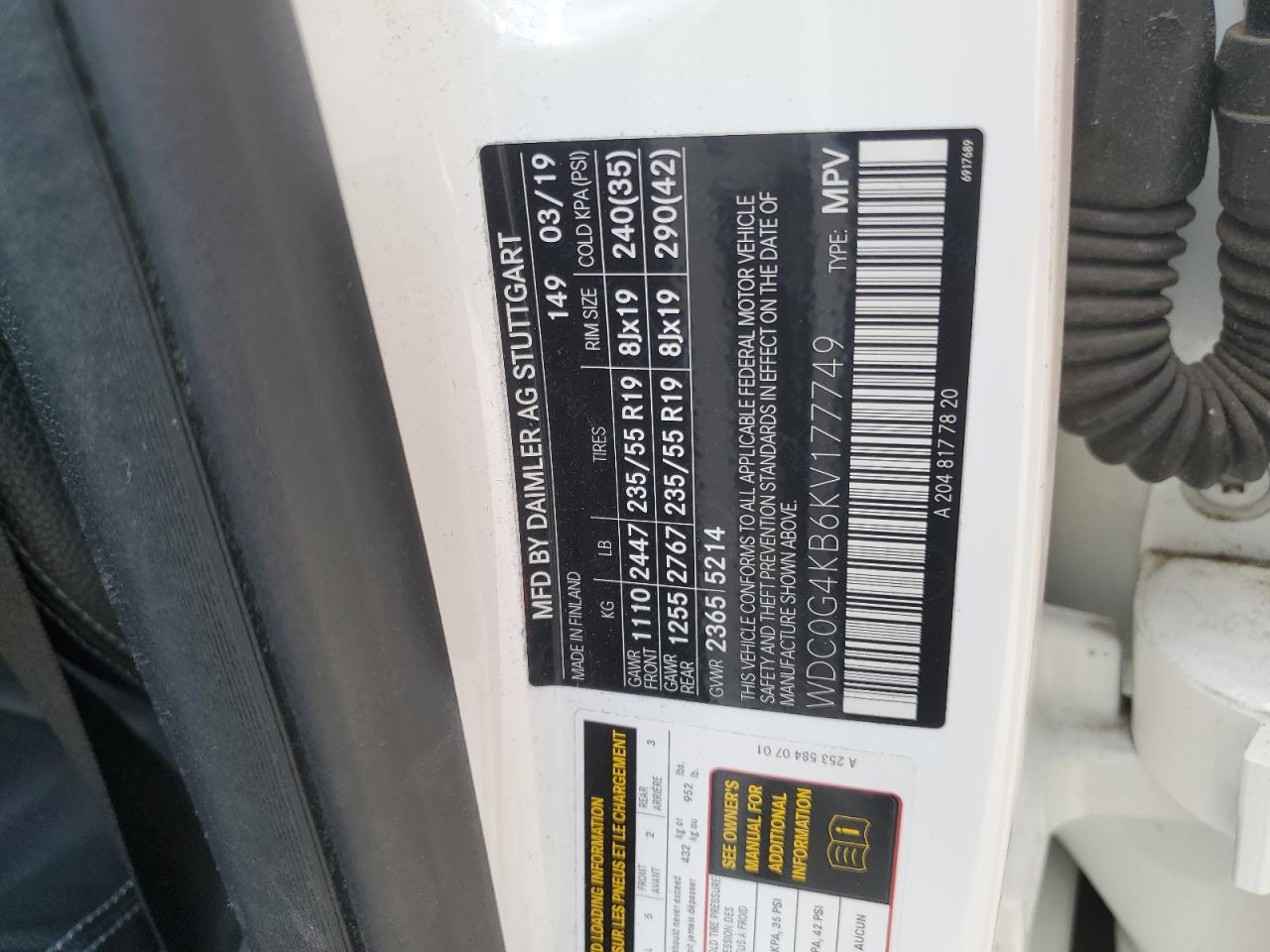 2019 Mercedes-Benz Glc 300 4Matic VIN: WDC0G4KB6KV177749 Lot: 65138505
