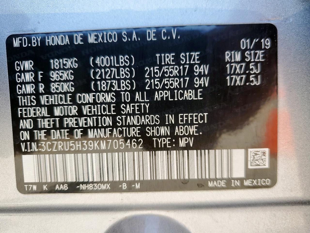 2019 Honda Hr-V Lx VIN: 3CZRU5H39KM705462 Lot: 64837805