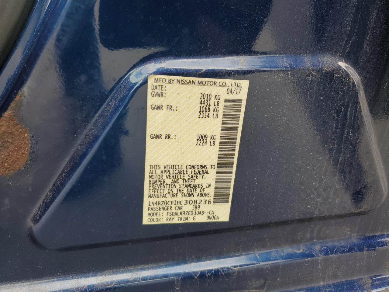 2017 Nissan Leaf S VIN: 1N4BZ0CP1HC308236 Lot: 62988755