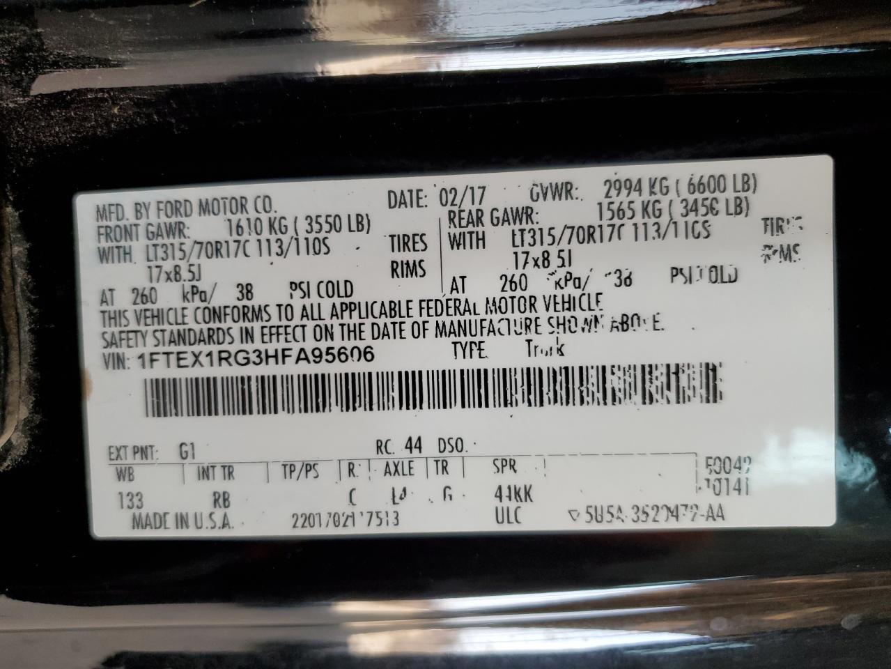 2017 Ford F150 Raptor VIN: 1FTEX1RG3HFA95606 Lot: 65170945