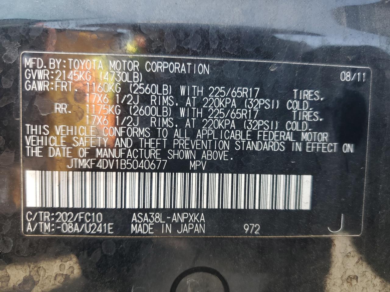 2011 Toyota Rav4 VIN: JTMKF4DV1B5040677 Lot: 65482375