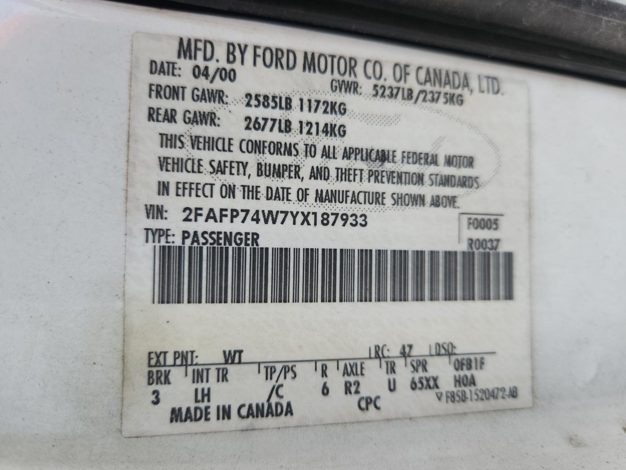 2000 Ford Crown Victoria Lx VIN: 2FAFP74W7YX187933 Lot: 64244055