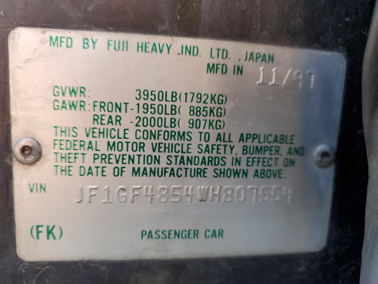 1998 Subaru Impreza Outback VIN: JF1GF4854WH807559 Lot: 63121185