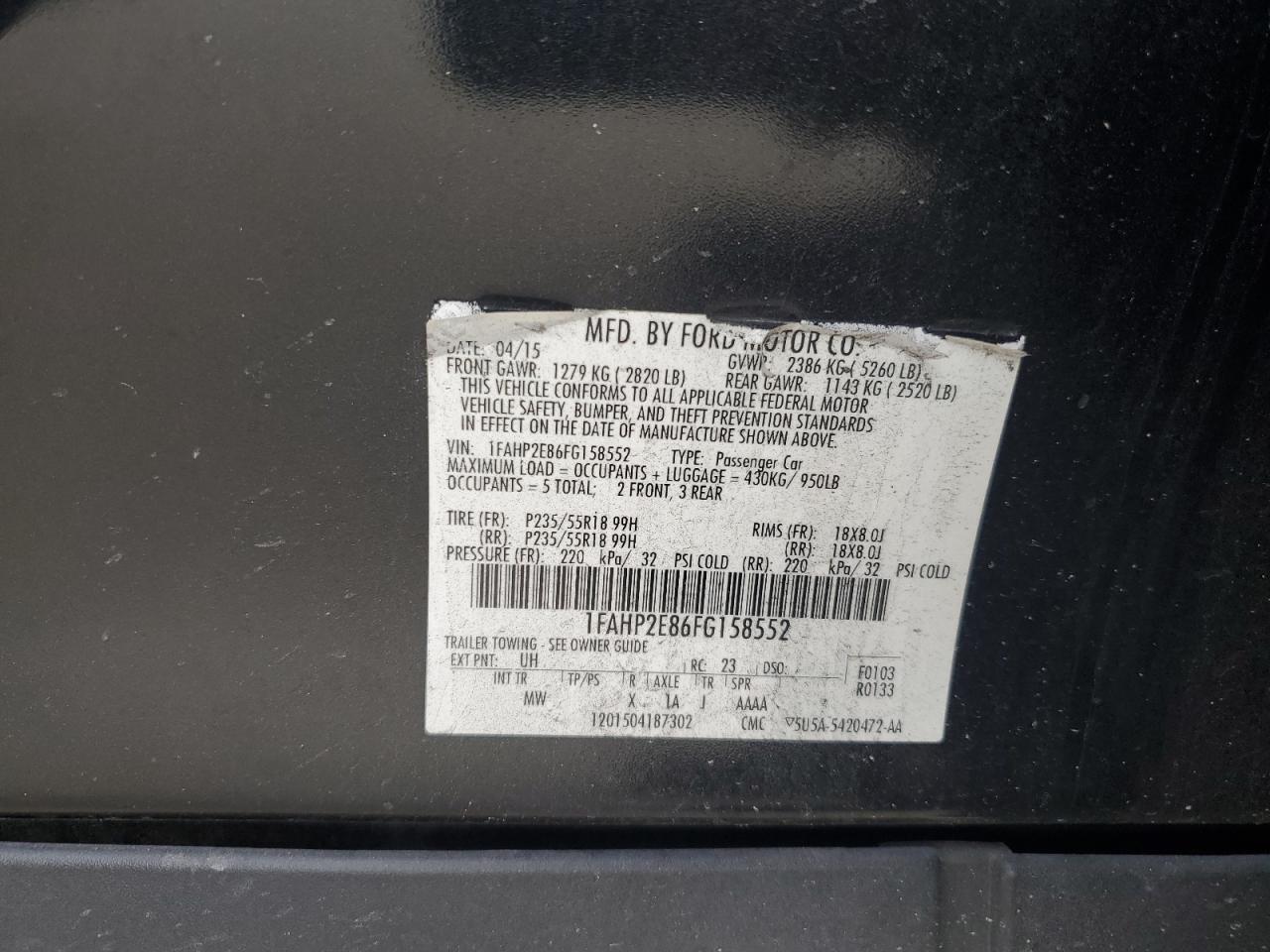 2015 Ford Taurus Sel VIN: 1FAHP2E86FG158552 Lot: 64699465