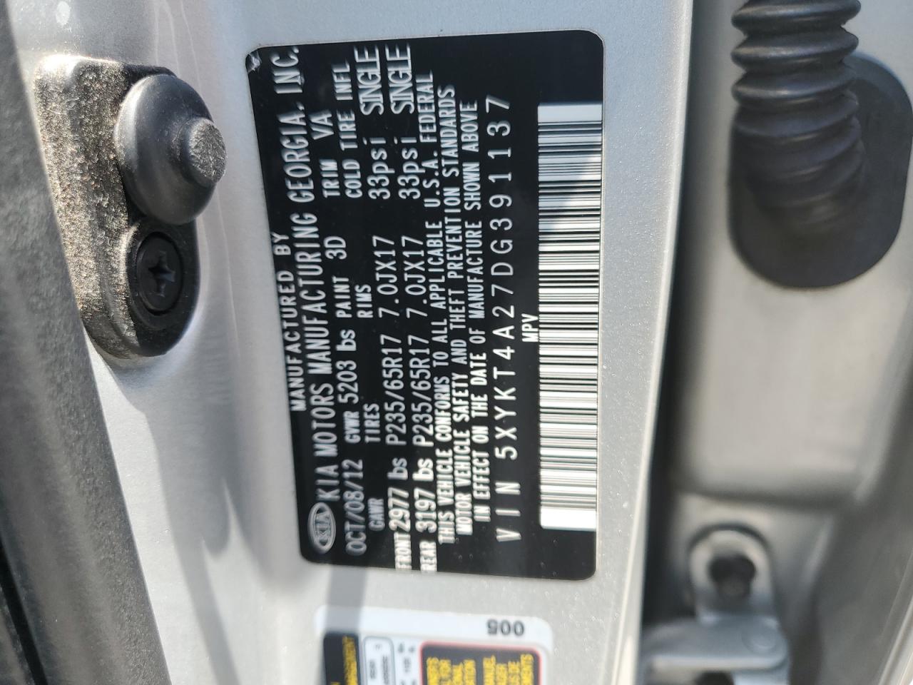 2013 Kia Sorento Lx VIN: 5XYKT4A27DG391137 Lot: 65649105