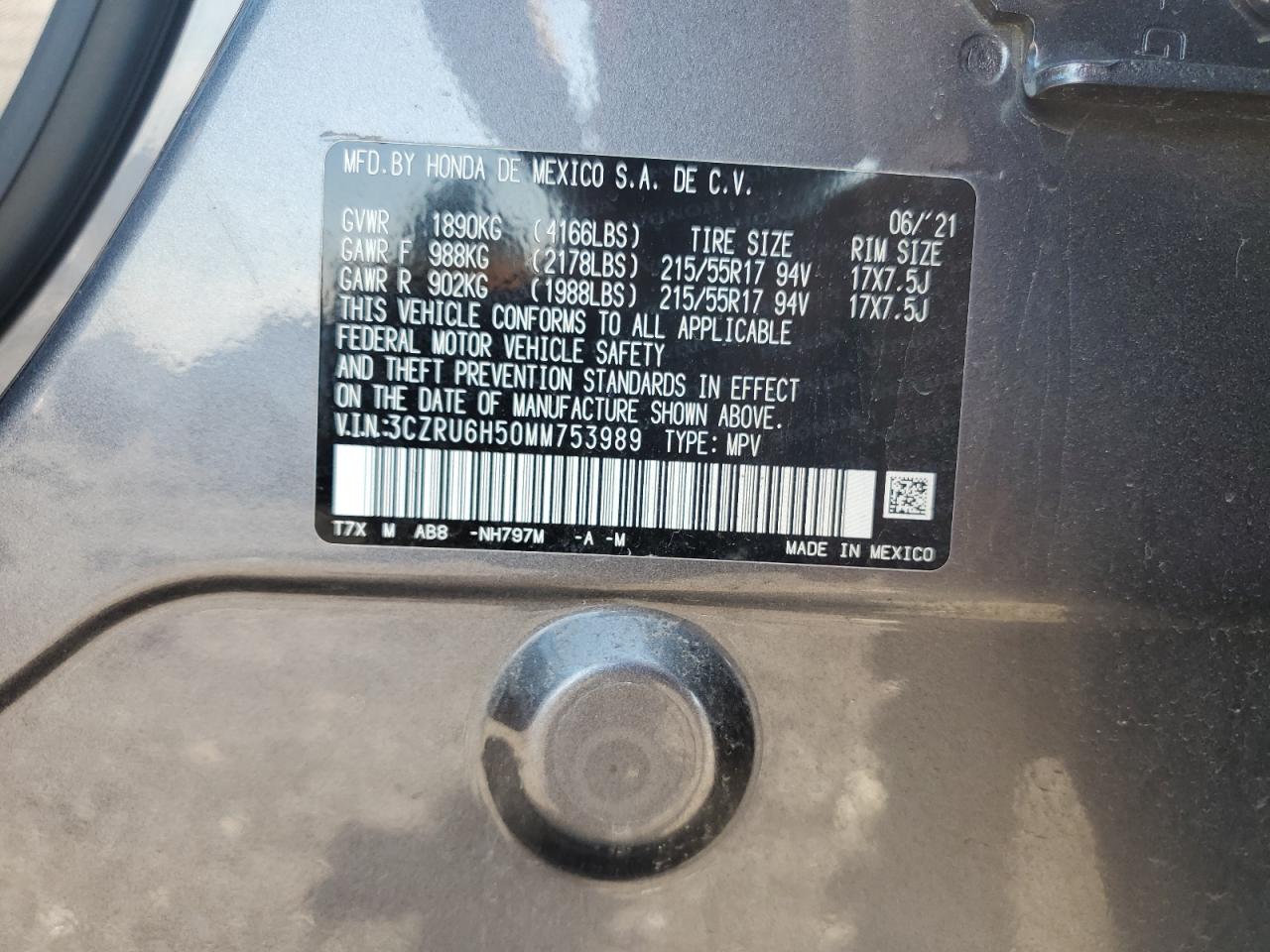 2021 Honda Hr-V Ex VIN: 3CZRU6H50MM753989 Lot: 66651885