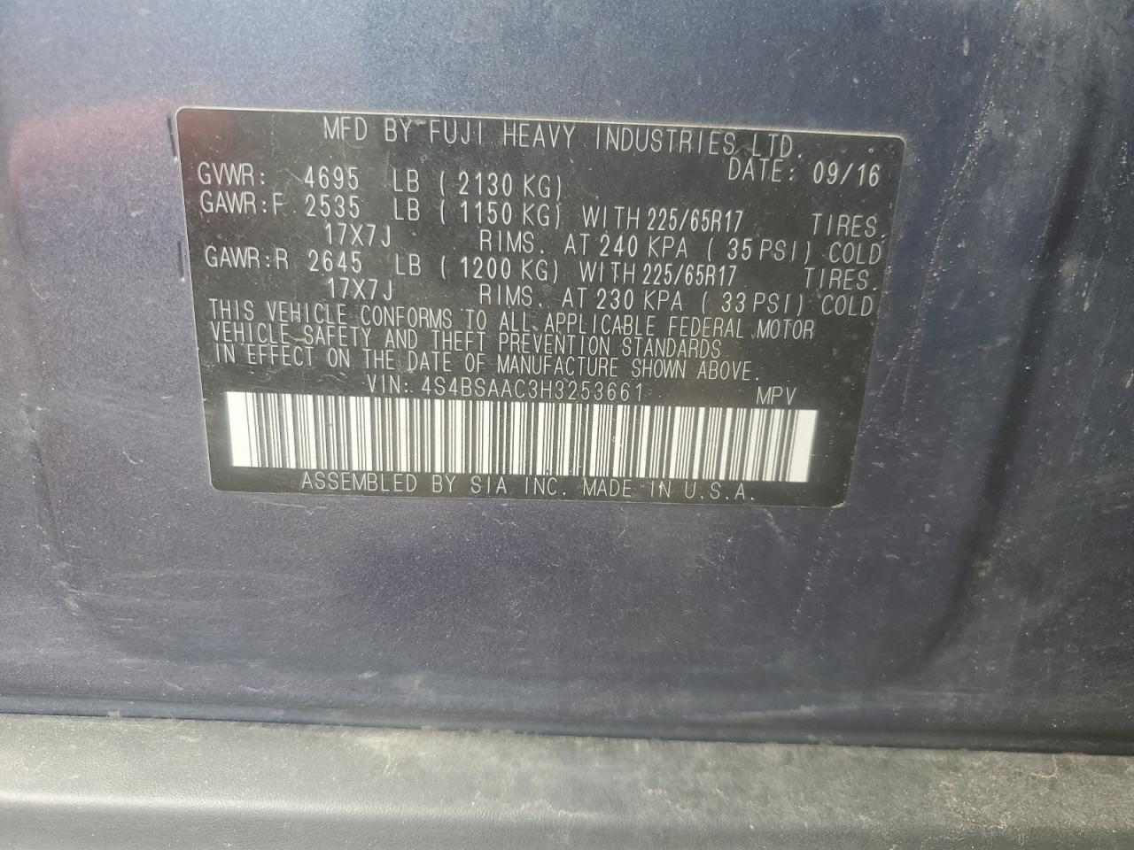 2017 Subaru Outback 2.5I VIN: 4S4BSAAC3H3253661 Lot: 65585295