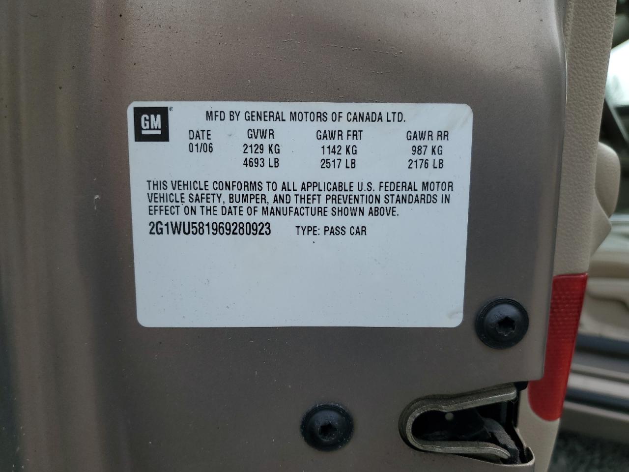 2006 Chevrolet Impala Ltz VIN: 2G1WU581969280923 Lot: 65691585