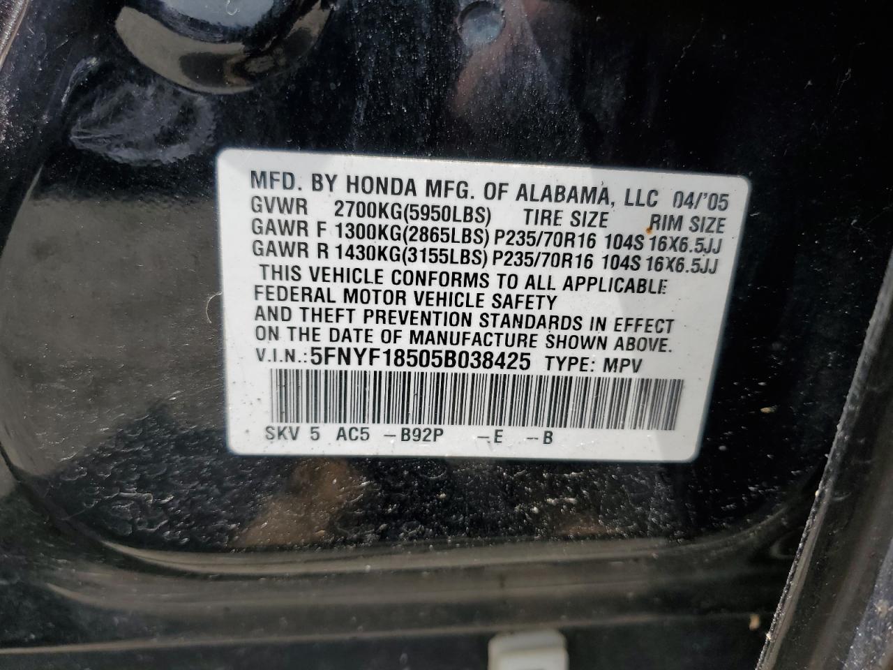 2005 Honda Pilot Exl VIN: 5FNYF18505B038425 Lot: 62931565
