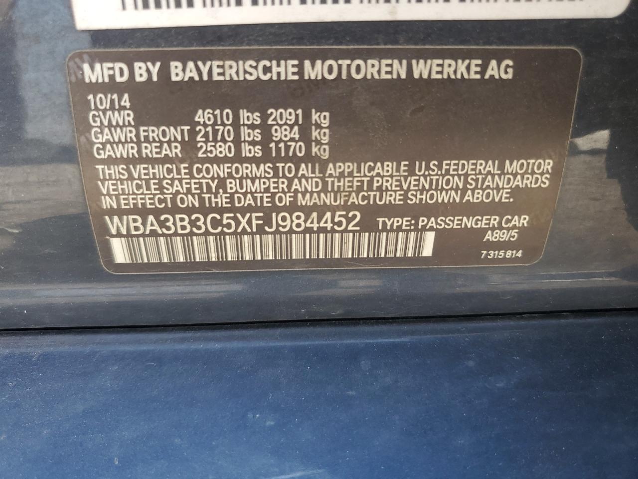 2015 BMW 328 Xi VIN: WBA3B3C5XFJ984452 Lot: 63989775