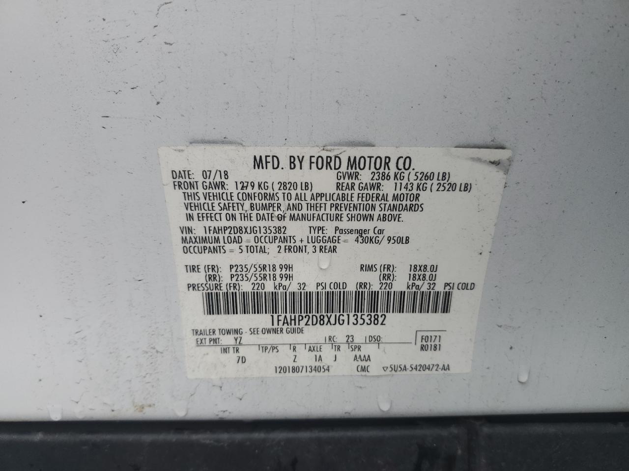 2018 Ford Taurus Se VIN: 1FAHP2D8XJG135382 Lot: 62315055