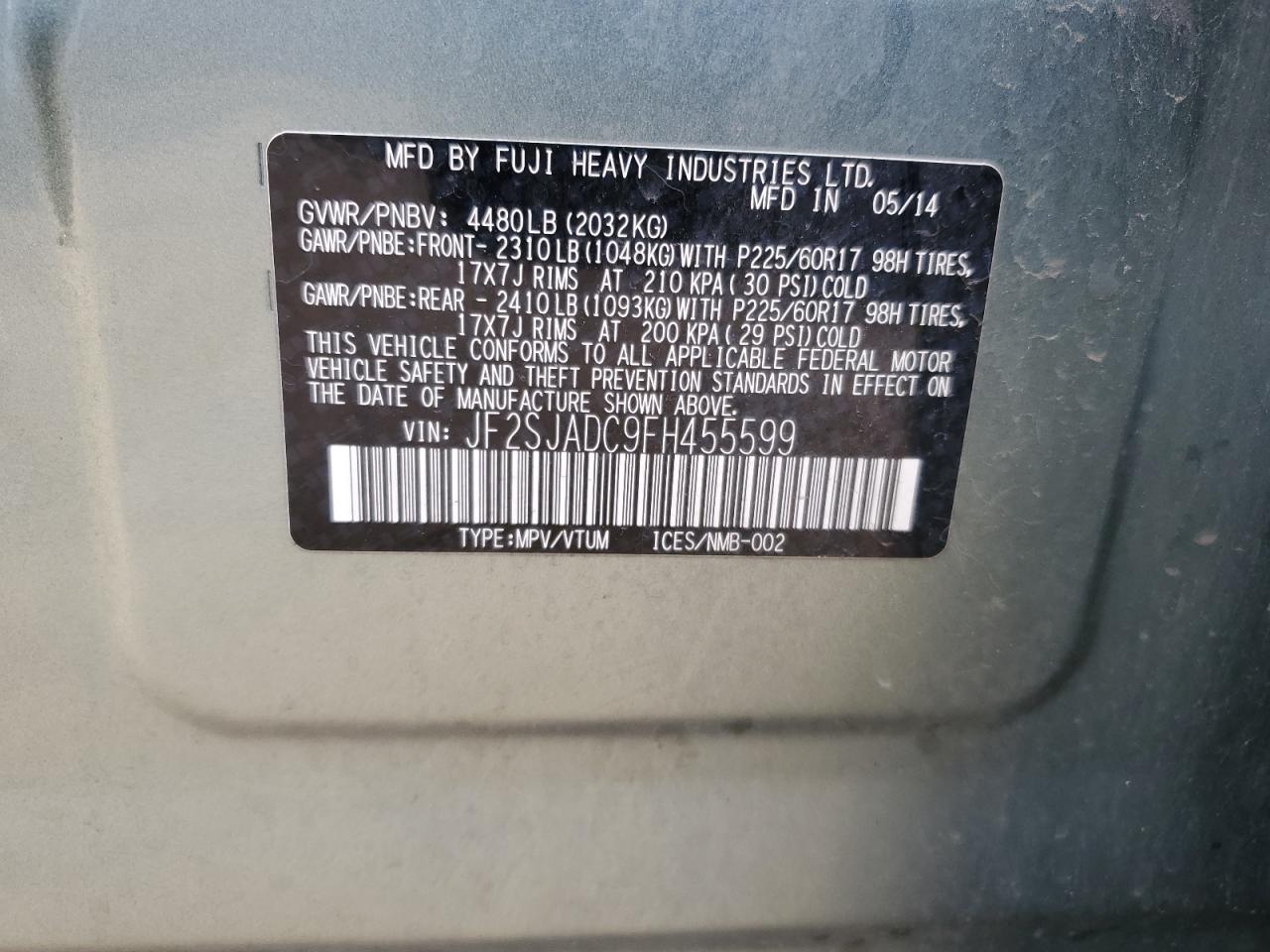 2015 Subaru Forester 2.5I Premium VIN: JF2SJADC9FH455599 Lot: 66119815