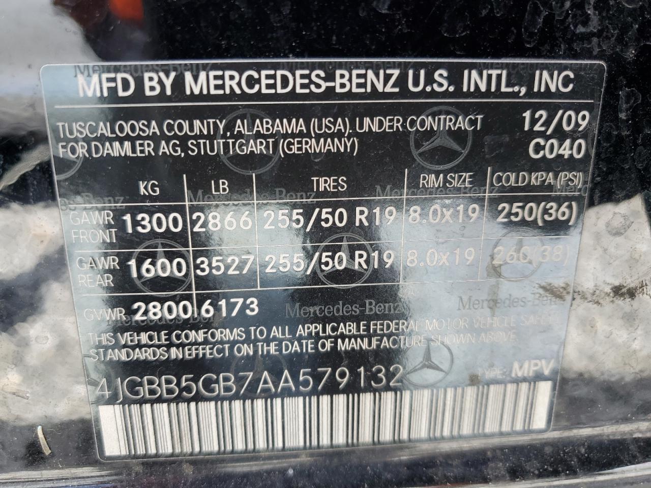 2010 Mercedes-Benz Ml 350 VIN: 4JGBB5GB7AA579132 Lot: 64464895