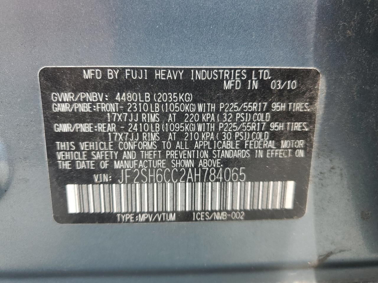 2010 Subaru Forester 2.5X Premium VIN: JF2SH6CC2AH784065 Lot: 64053395