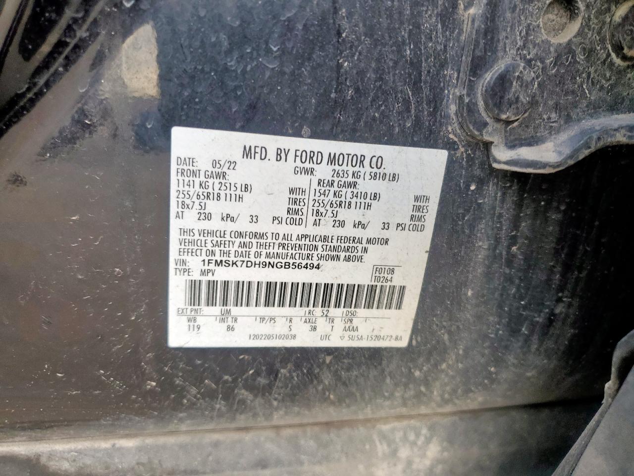 2022 Ford Explorer Xlt VIN: 1FMSK7DH9NGB56494 Lot: 64993835