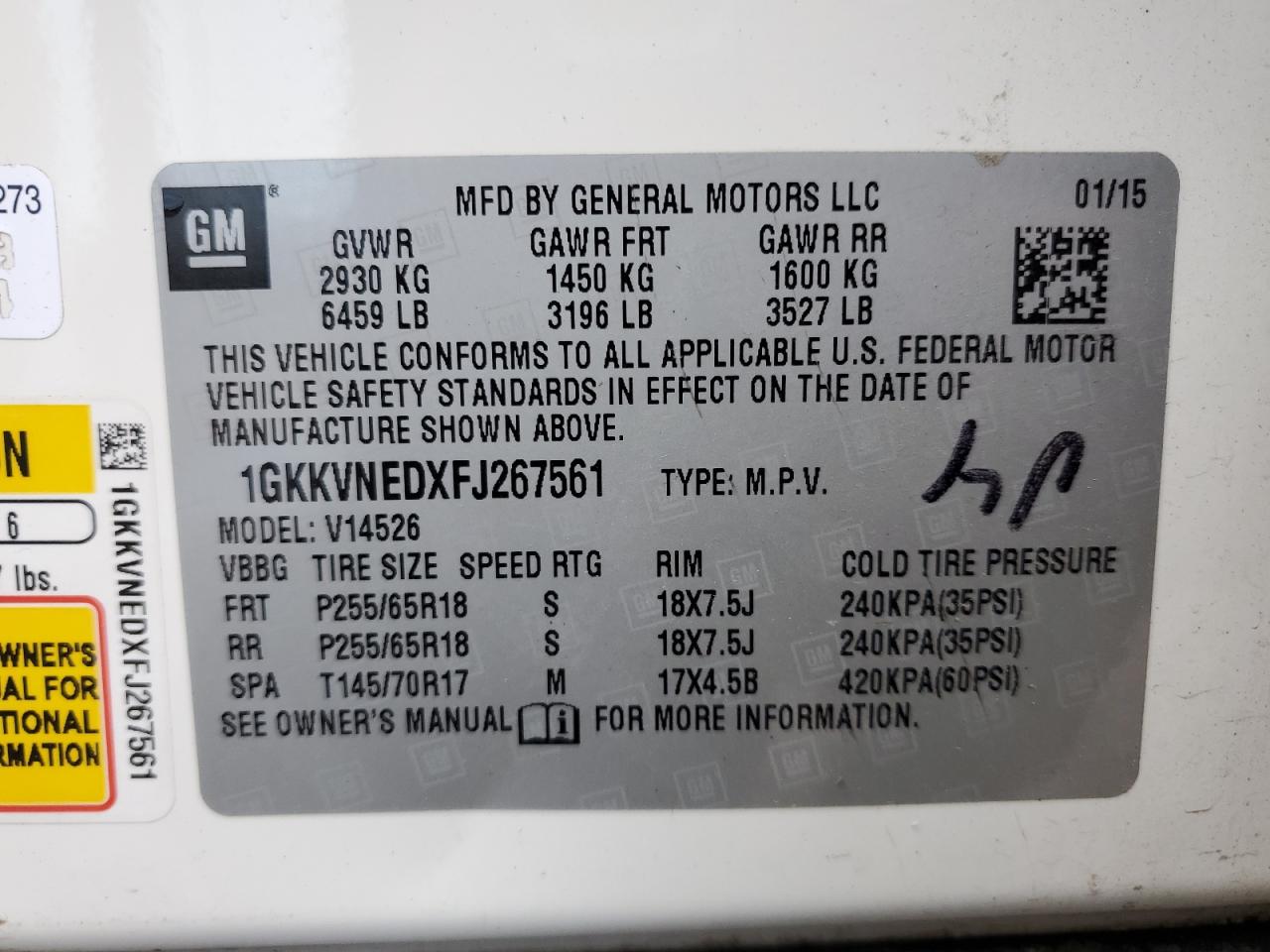 2015 GMC Acadia Sle VIN: 1GKKVNEDXFJ267561 Lot: 62899315