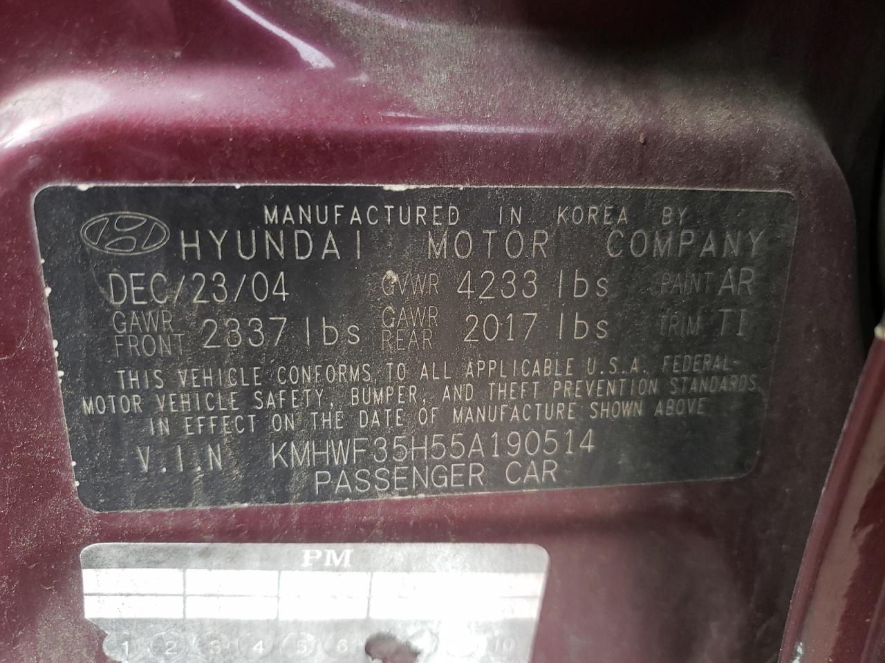 2005 Hyundai Sonata Gls VIN: KMHWF35H55A190514 Lot: 64642445