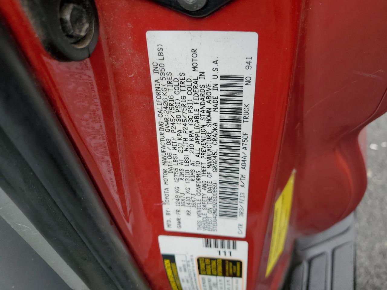 2009 Toyota Tacoma Access Cab VIN: 5TEUU42N29Z600859 Lot: 63923675