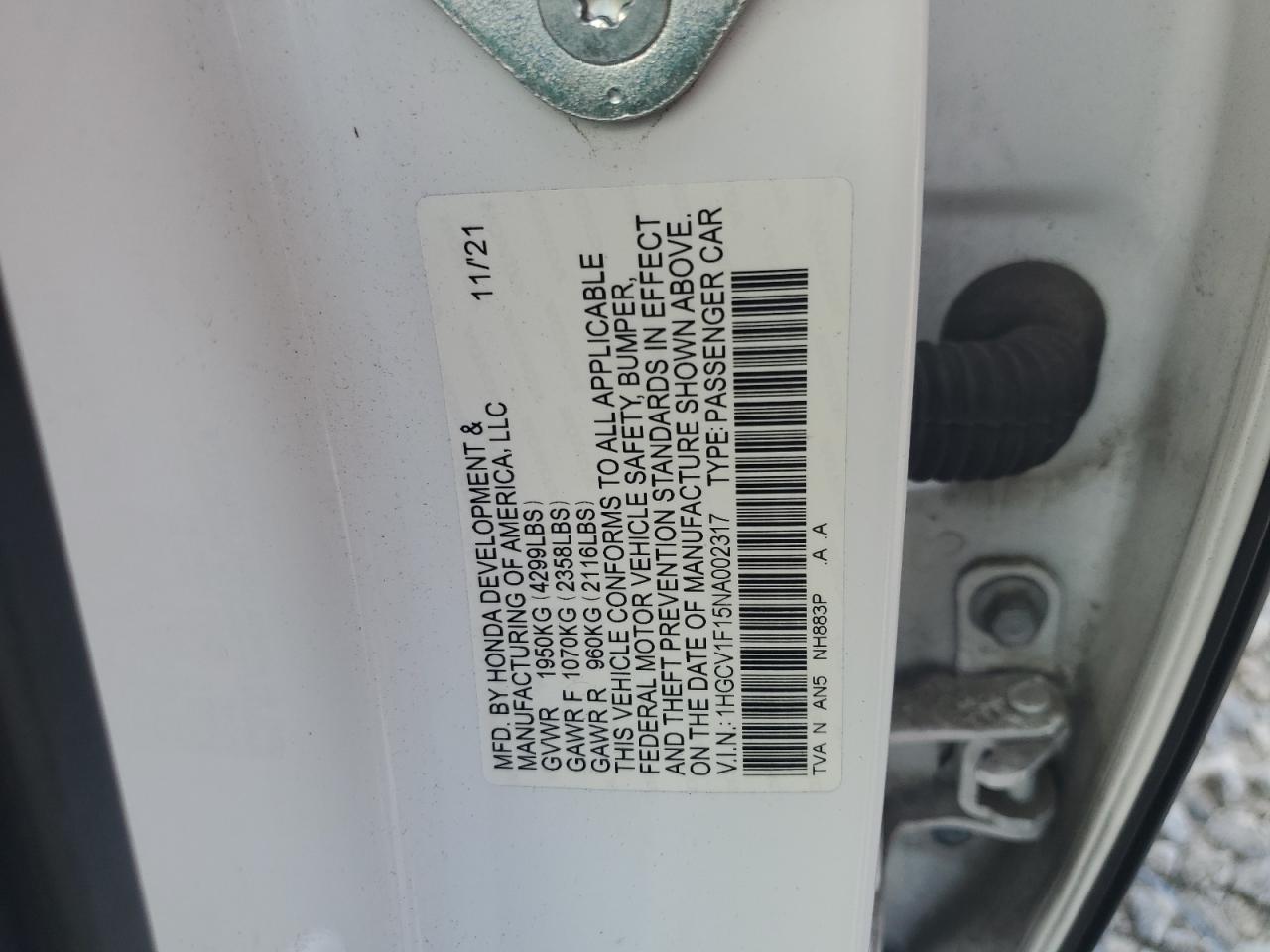 2022 Honda Accord Lx VIN: 1HGCV1F15NA002317 Lot: 63988055