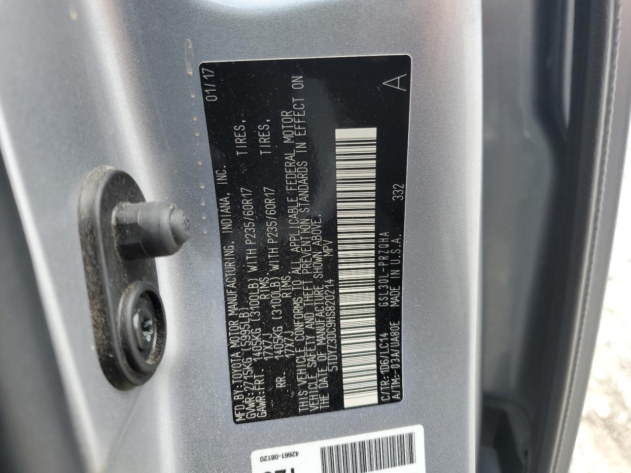 2017 Toyota Sienna Xle VIN: 5TDYZ3DC9HS820214 Lot: 65401205