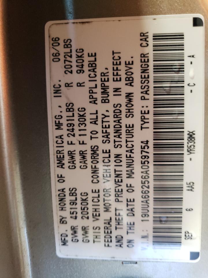 2006 Acura 3.2Tl VIN: 19UUA66256A059754 Lot: 64975505